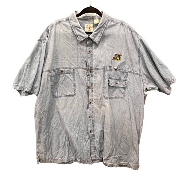 Fishing Shirt - Mens 4XL- Blue Denim Look - 100% Cotton - Embroidered Fish- SS - Picture 1 of 10